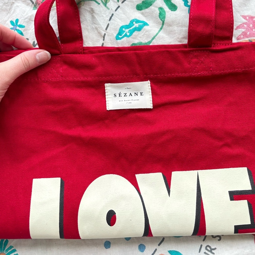 NEW Sezane LOVE Red Cotton French Tote Bag - Picture 2 of 5